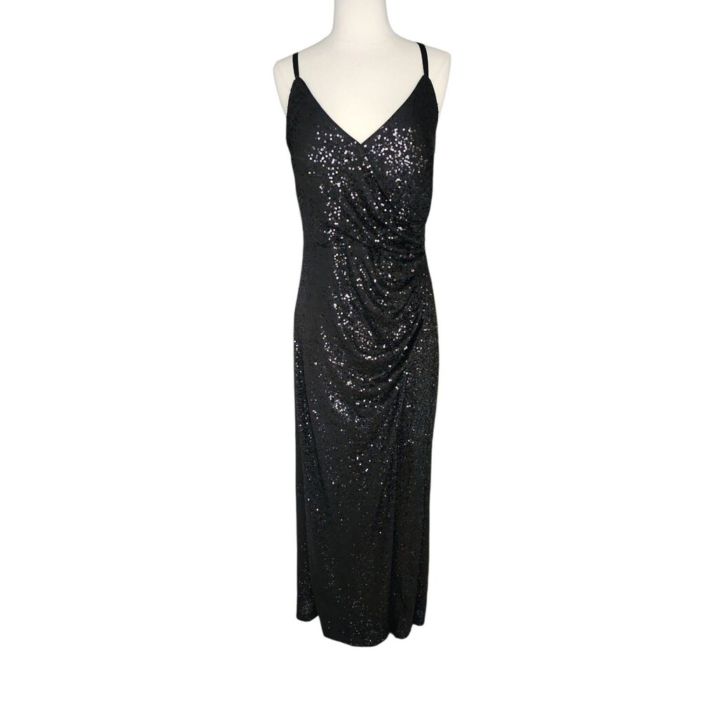 Eliza J Deep V High Slit Maxi Dress Womens 16 Dark Romantic Black Sequin Glam